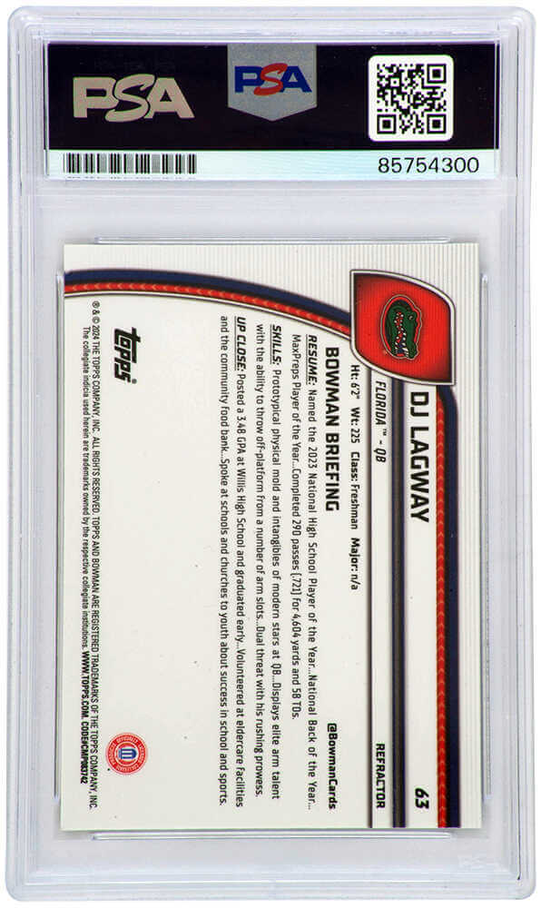 DJ Lagway Signed 2024 Bowman Chrome Refractor (1st Bowman) Football Trading Card #63 - (PSA Encapsulated)