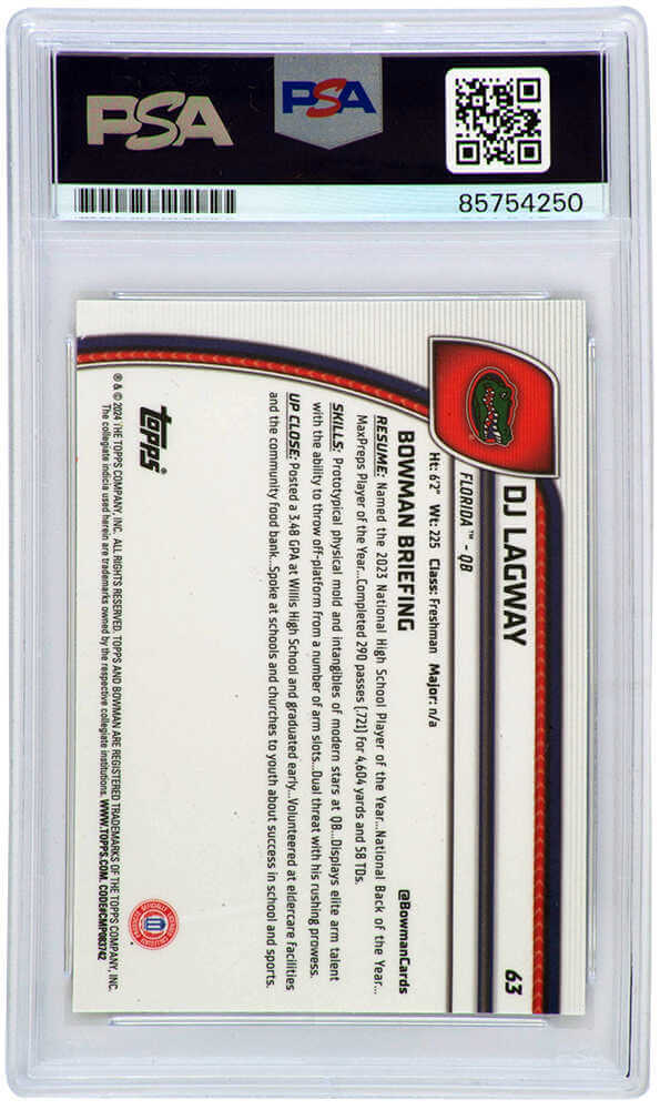 DJ Lagway Signed 2024 Bowman Chrome (1st Bowman) Football Trading Card #63 - (PSA - Auto Grade 8)