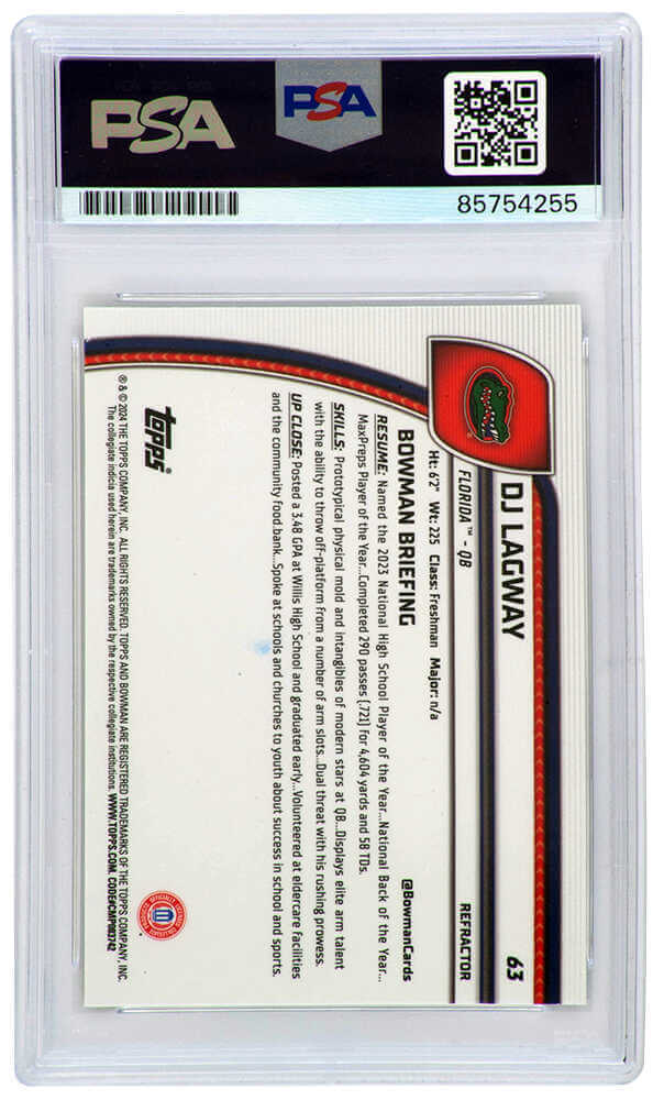 DJ Lagway Signed 2024 Bowman Chrome Refractor (1st Bowman) Football Trading Card #63 - (PSA - Auto Grade 8)