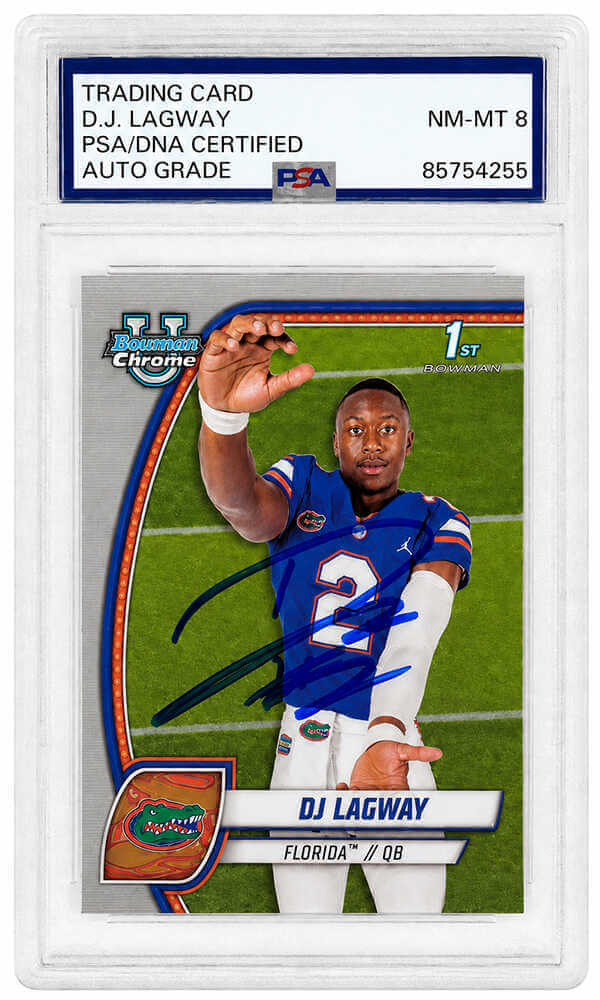 DJ Lagway Signed 2024 Bowman Chrome Refractor (1st Bowman) Football Trading Card #63 - (PSA - Auto Grade 8)