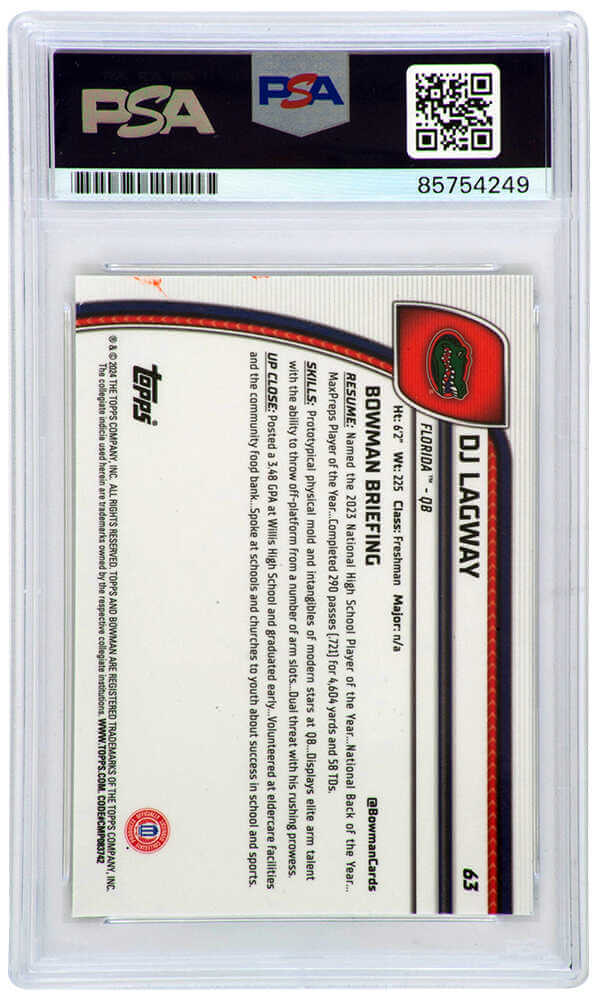 DJ Lagway Signed 2024 Bowman Chrome (1st Bowman) Football Trading Card #63 - (PSA - Auto Grade 9)