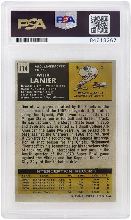 Willie Lanier Signed Kansas City Chiefs 1971 Topps Football Rookie Card #114 w/HOF'86 (PSA Encapsulated)