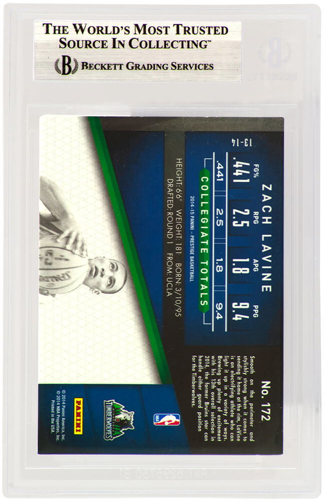 Zach Lavine Signed 2014 Panini Prestige Plus Rookie Basketball Card #172 - (Beckett / Auto Sticker)