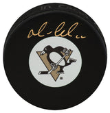 Mario Lemieux Signed Pittsburgh Penguins Team Logo Hockey Puck (In Gold) - (PSA Holo)