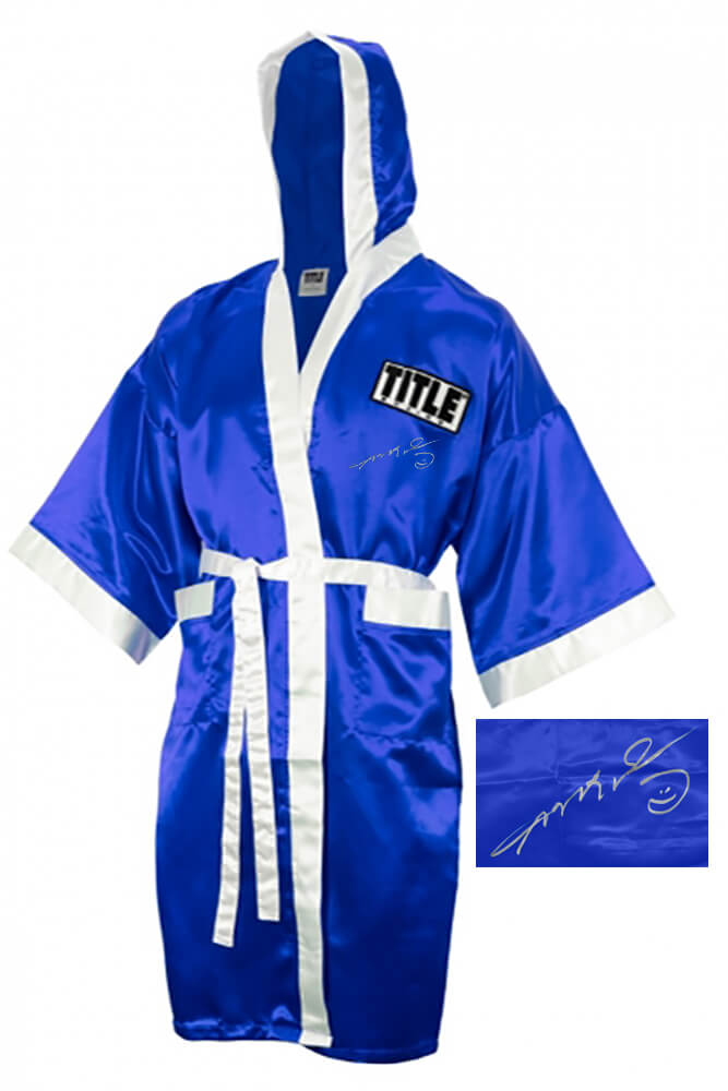 Sugar Ray Leonard Signed Title Blue With White Trim Boxing Robe With Hood