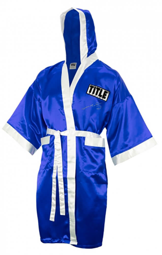 Sugar Ray Leonard Signed Title Blue With White Trim Boxing Robe With Hood