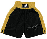 Sugar Ray Leonard Signed Title Black With Gold Trim Boxing Trunks