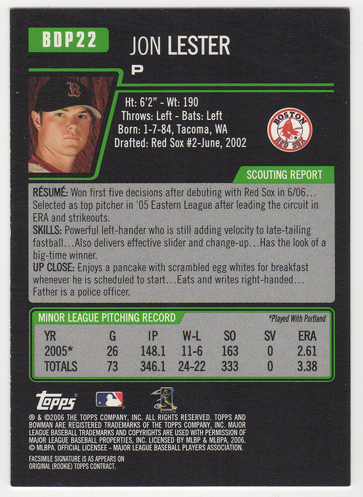 Jon Lester Signed Boston Red Sox 2006 Bowman Draft Rookie Baseball Card #BDP22