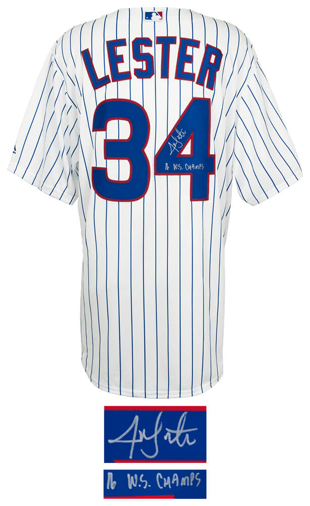 Jon Lester Signed Chicago Cubs White Pinstripe Majestic Replica Baseball Jersey w/16 WS Champs