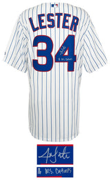 Jon Lester Signed Chicago Cubs White Pinstripe Majestic Replica Baseball Jersey w/16 WS Champs