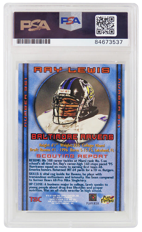 Ray Lewis Signed Baltimore Ravens 1996 Topps Stadium Club Football Rookie Card #351 (PSA Encapsulated)