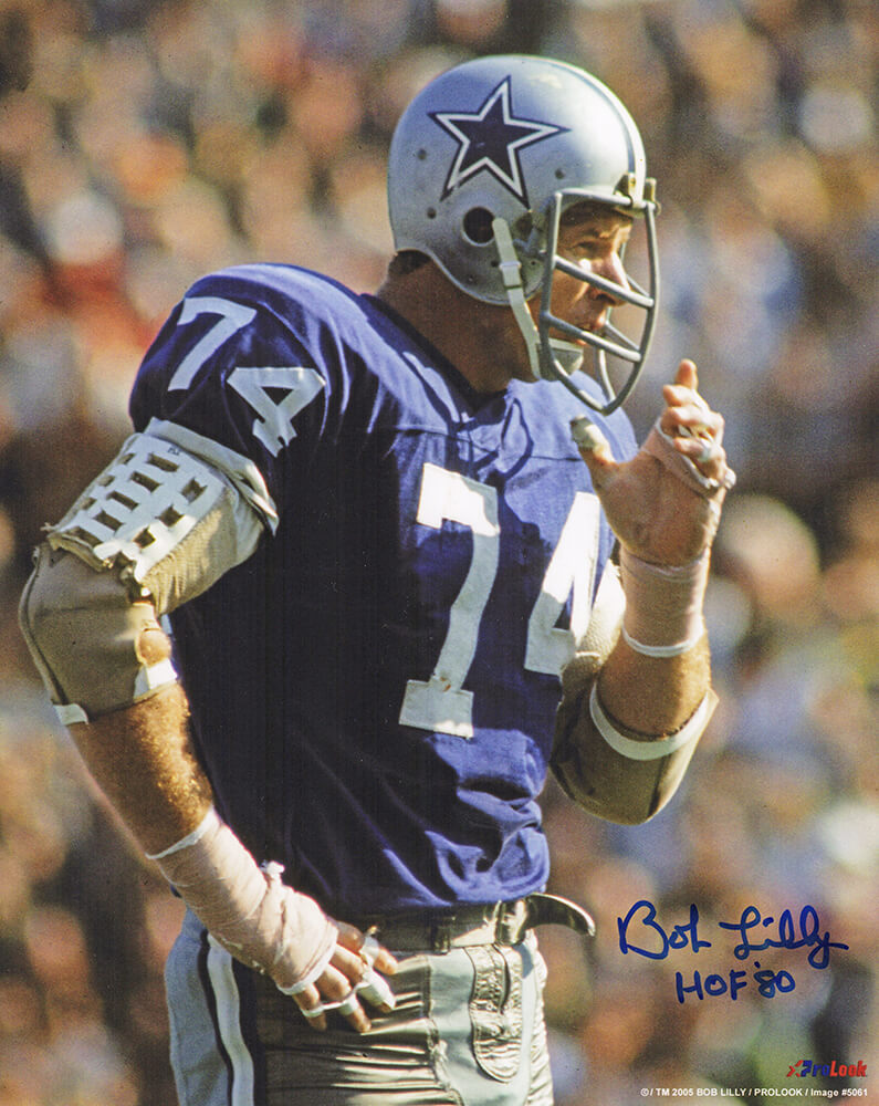 Bob Lilly Signed Cowboys Navy Jersey Close Up Action 8x10 Photo w/HOF'80