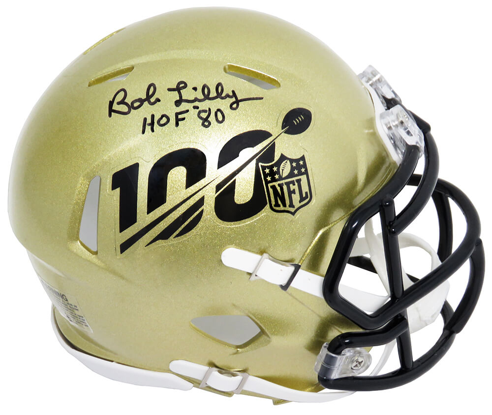Bob Lilly Signed NFL 100th Season Logo Gold Riddell Speed Mini Helmet w/HOF'80