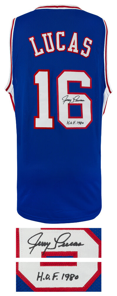 Jerry Lucas Signed Blue Throwback Custom Basketball Jersey w/HOF 1980