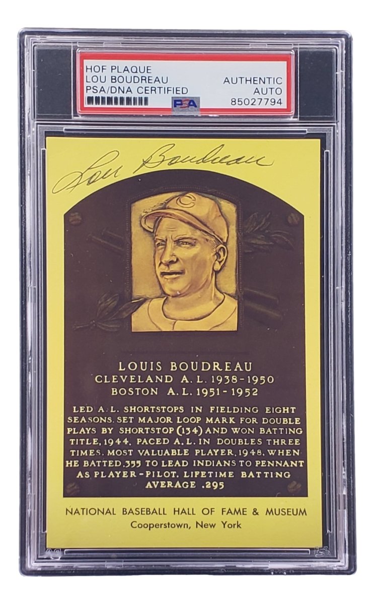 Lou Boudreau Signed 4x6 Cleveland HOF Plaque Card PSA/DNA 85027794 - Sports Integrity