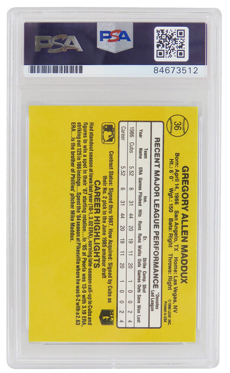 Greg Maddux Signed Chicago Cubs 1987 Donruss Rated Rookie Baseball Card #36 (PSA Encapsulated - Auto Grade 10)