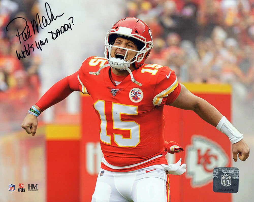 Pat (Patrick) Mahomes Sr. Signed Kansas City Chiefs Patrick Mahomes Celebration 8x10 Photo w/Who's Your Daddy?