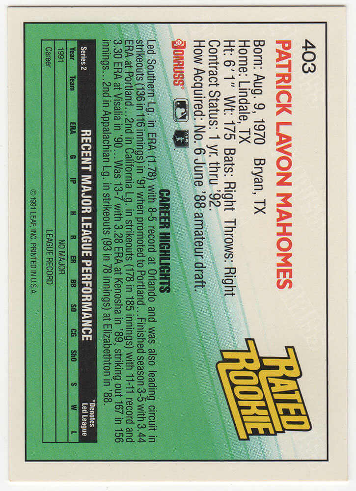 Pat (Patrick) Mahomes Sr. Signed Minnesota Twins 1992 Donruss Rate Rookie Baseball Card #403