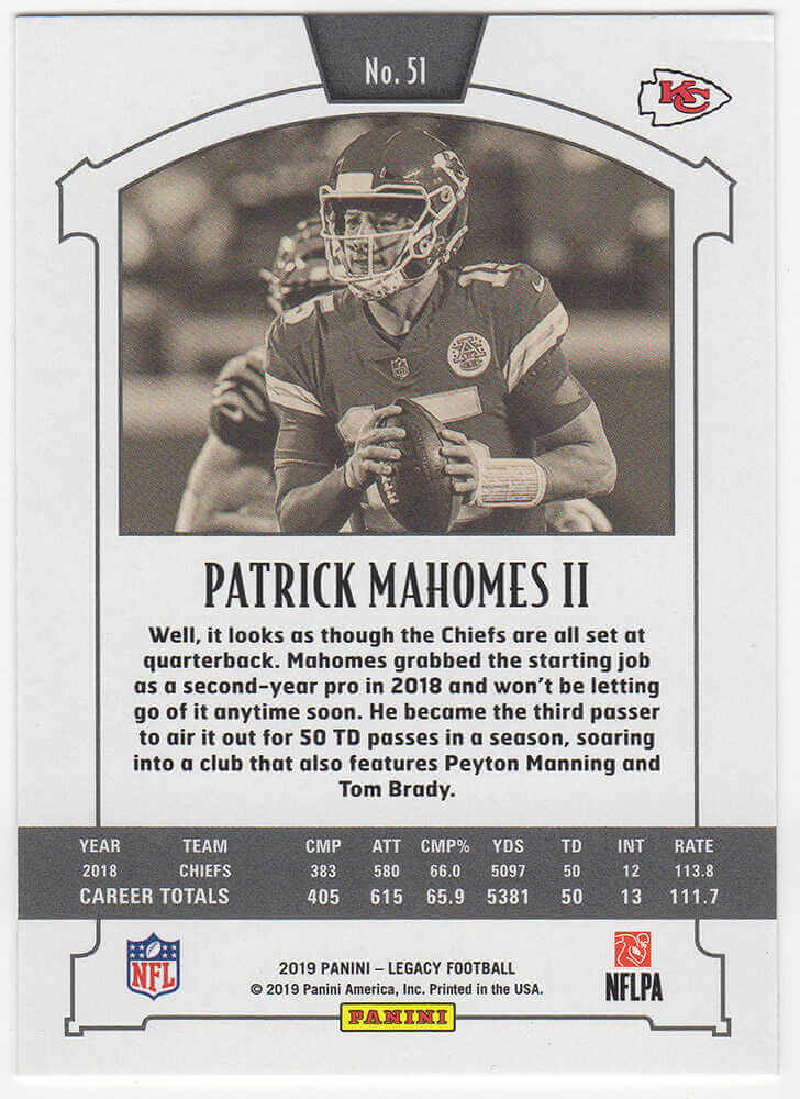 Pat (Patrick) Mahomes Sr. Signed Chiefs Patrick Mahomes 2019 Panini Legacy Football Card #51 w/Who's Your Daddy?