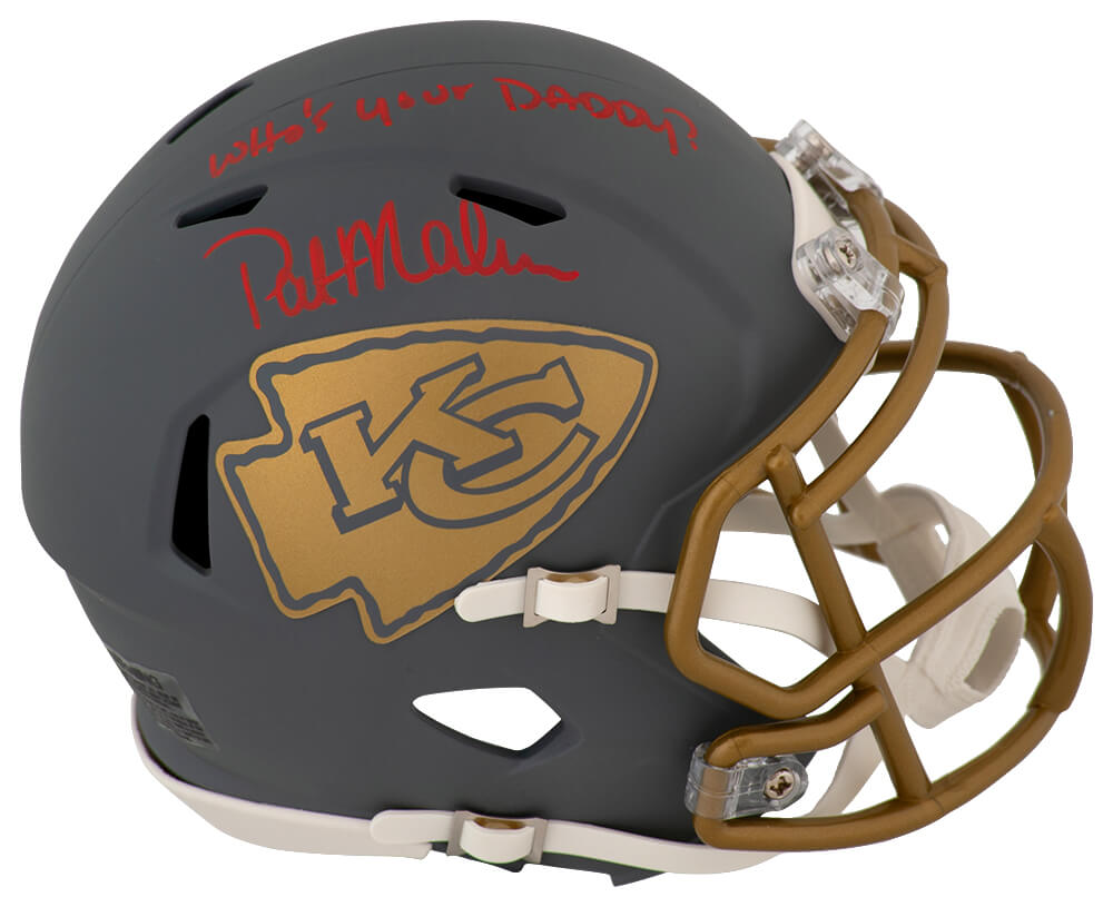 Pat (Patrick) Mahomes Sr. Signed Kansas City Chiefs SLATE Riddell Speed Mini Helmet w/Who's Your Daddy?