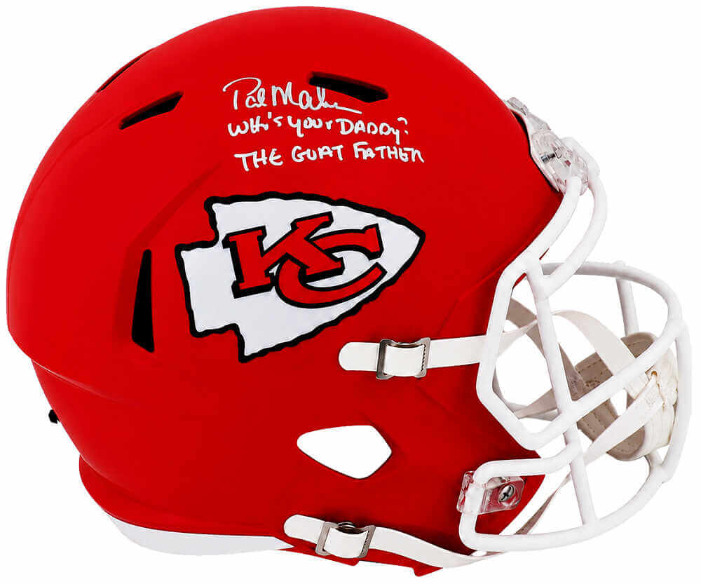 Pat (Patrick) Mahomes Sr. Signed Chiefs Riddell Full Size Speed Replica Helmet w/Who's Your Daddy, Goatfather