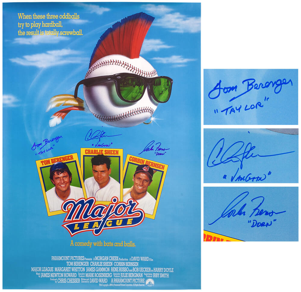 Charlie Sheen, Corbin Bernsen & Tom Berenger Signed Major League 27x40 Full Size Movie Poster w/Character Names