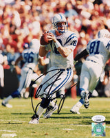 Peyton Manning Signed Indianapolis Colts White Jersey Dropback Action 8x10 Photo- (JSA)