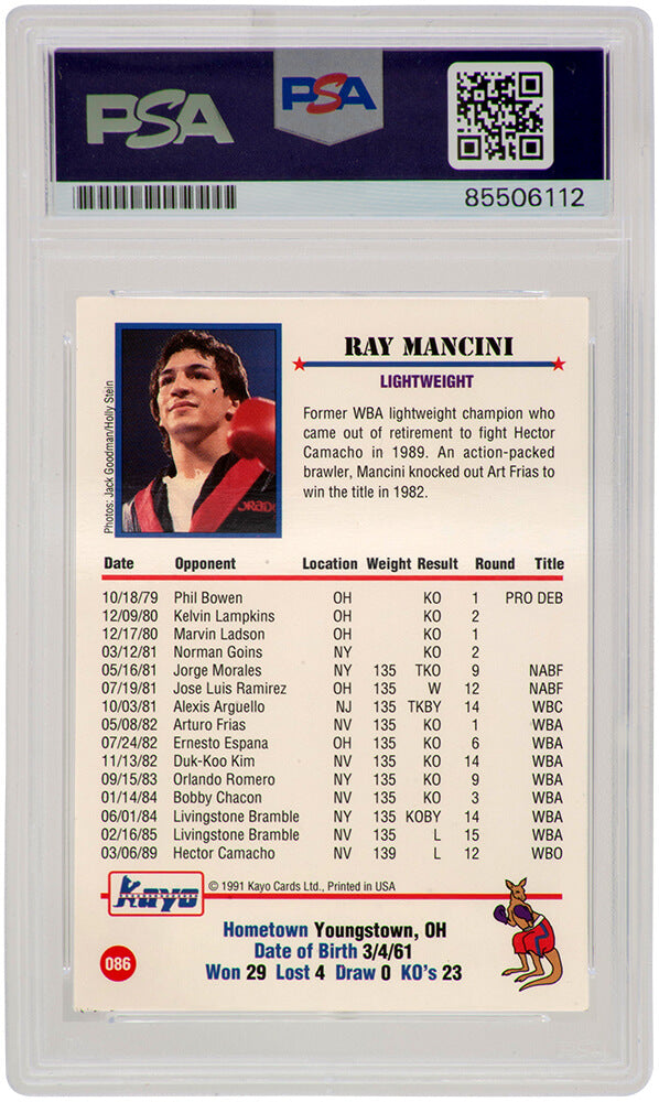 Ray Mancini Signed 1991 Kayo Boxing Trading Card #86 w/Boom Boom - (PSA Encapsulated)