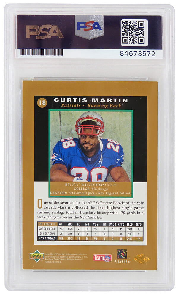 Curtis Martin Signed New England Patriots 1995 SP Foil Rookie Football Card #18 - (PSA Encapsulated / Auto Grade 10)