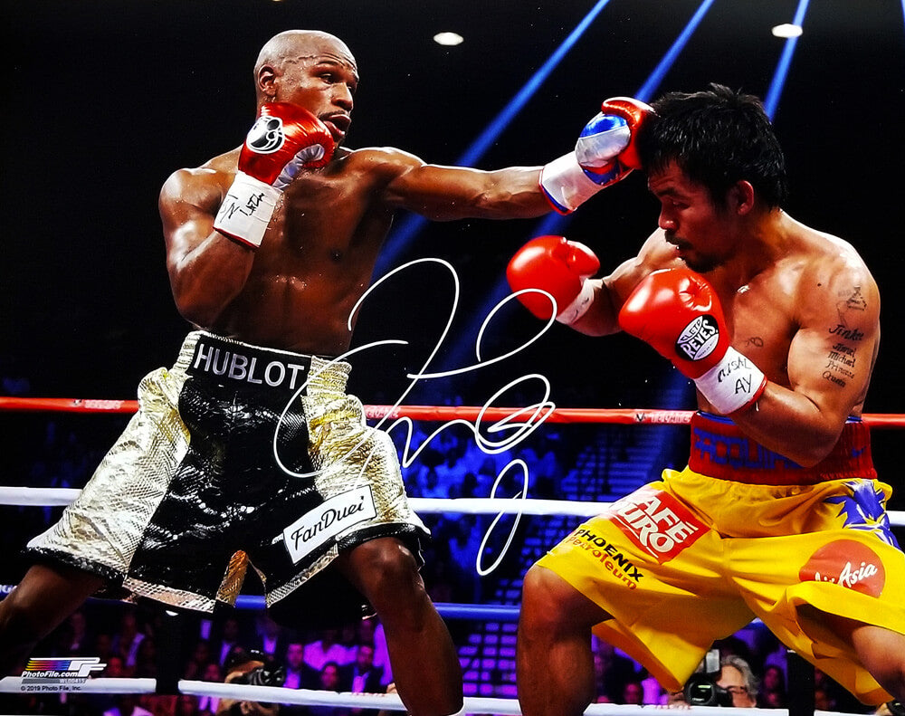 Floyd Mayweather Jr. Signed Boxing Fighting Manny Pacquiao 16x20 Photo