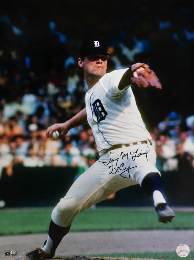 Denny McLain Signed Detroit Tigers White Jersey Pitching Action 16x20 w/2x CY