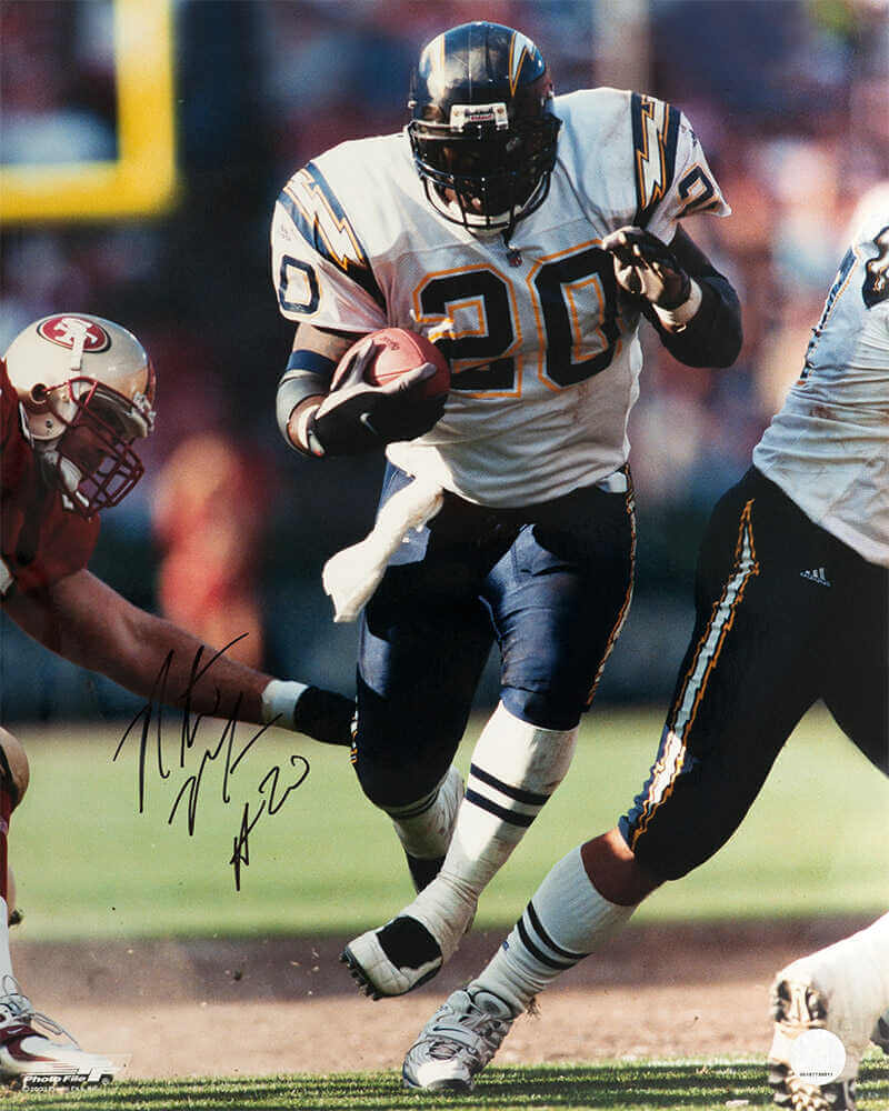 Natrone Means Signed Chargers White Jersey With Football vs 49ers Action 16x20 Photo