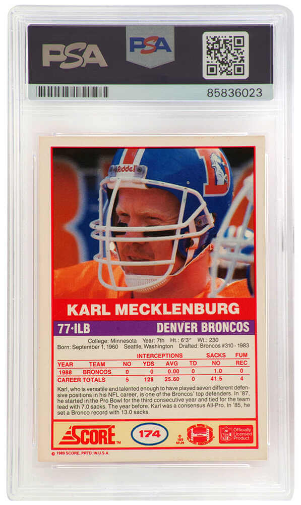 Karl Mecklenburg Signed Denver Broncos 1989 Score Football Trading Card #174 - (PSA Encapsulated)