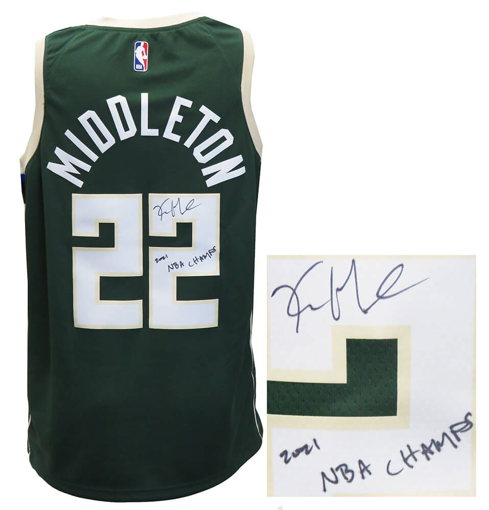 Khris Middleton Signed Milwaukee Bucks Green Nike Basketball Jersey w/2021 NBA Champs