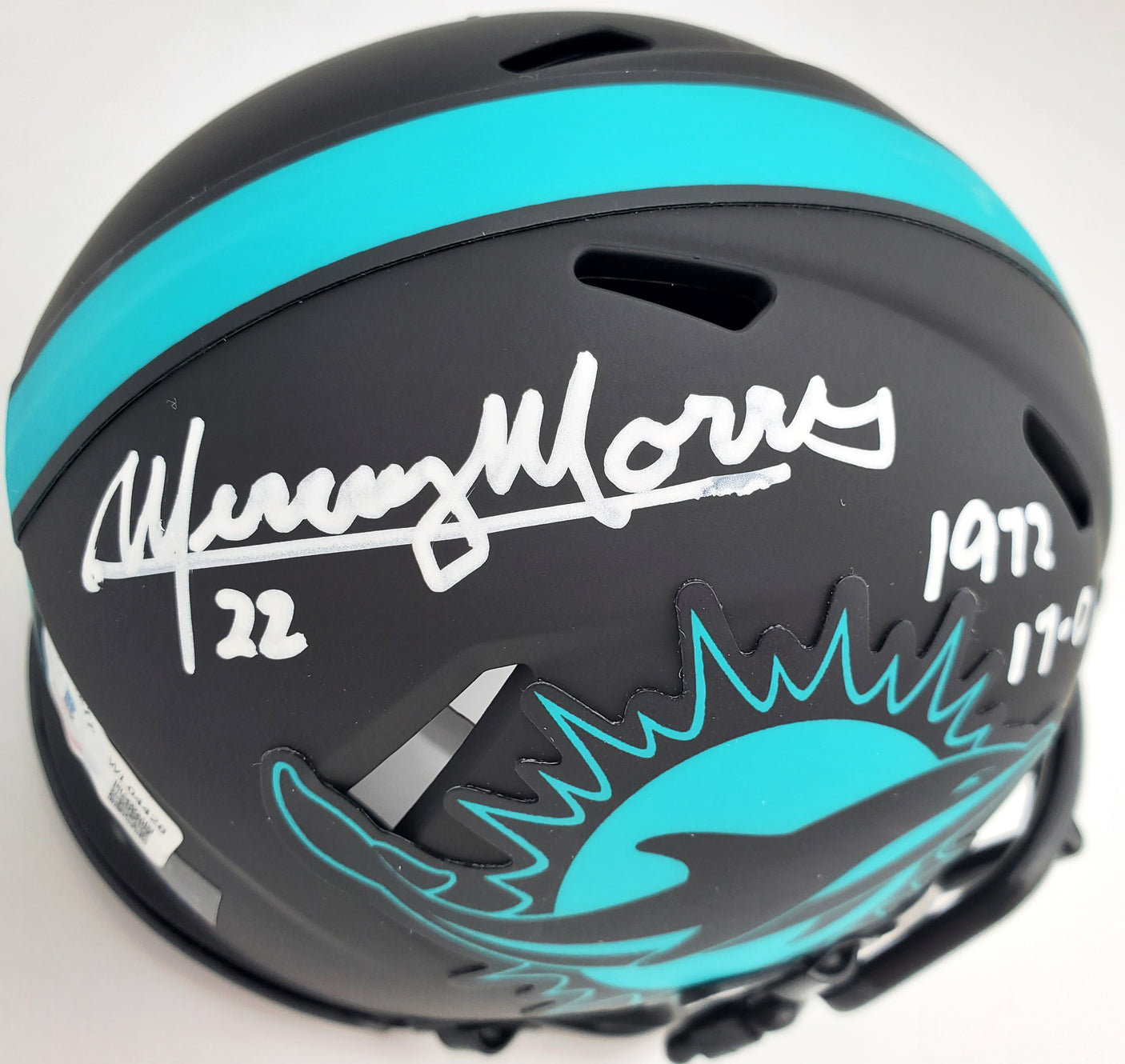 Mercury Morris Autographed Miami Dolphins Eclipse Black Speed Mini Helmet "1972 17-0" Beckett BAS QR Stock #194067