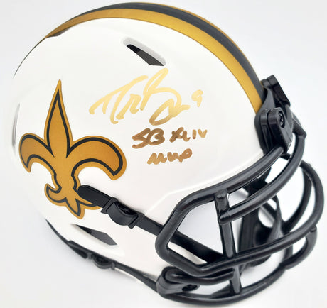 Drew Brees Autographed New Orleans Saints Lunar Eclipse White Speed Mini Helmet "SB XLIV MVP" Beckett BAS Stock #193681