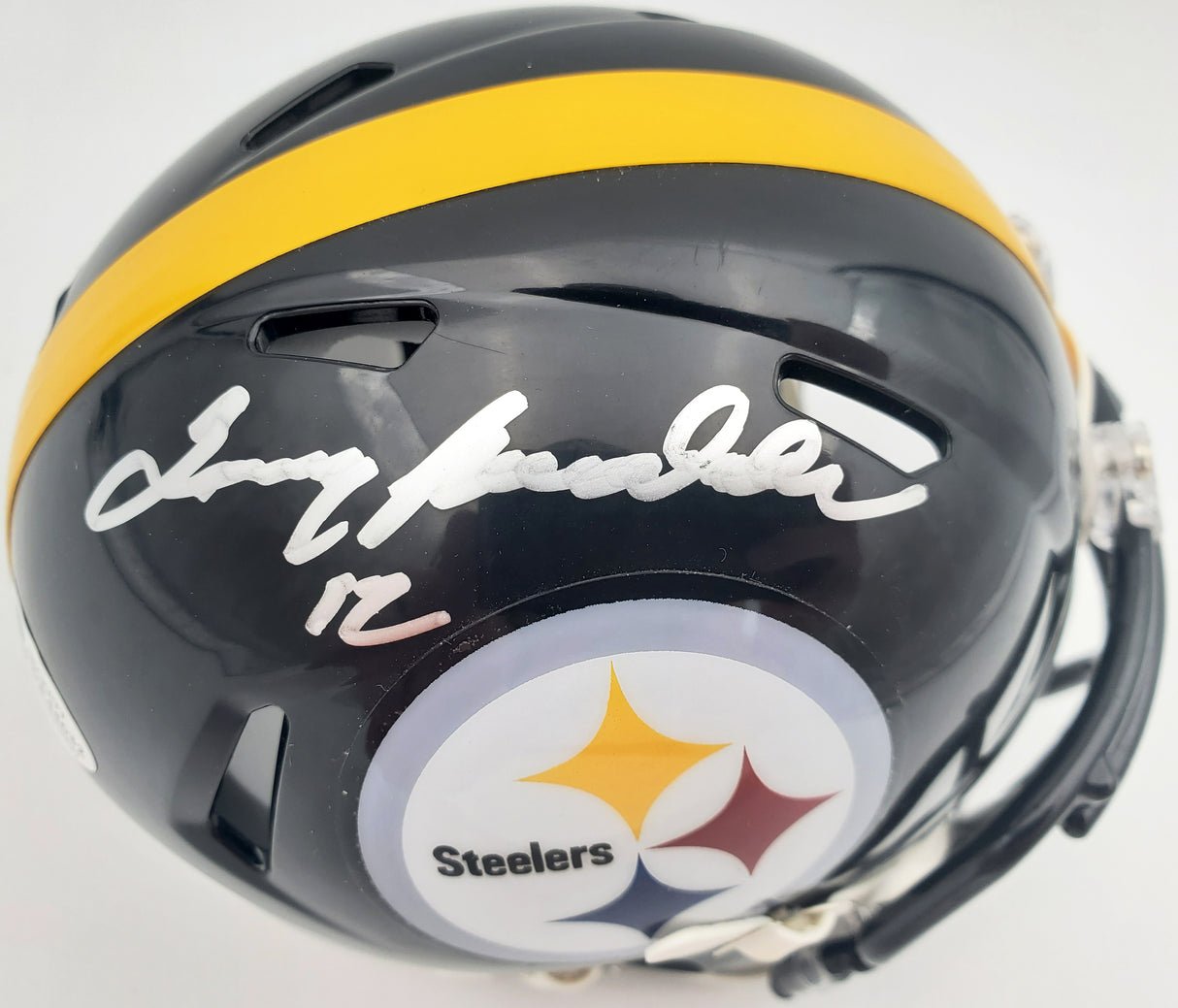 Terry Bradshaw Autographed Pittsburgh Steelers Black Speed Mini Helmet Beckett BAS Stock #185875