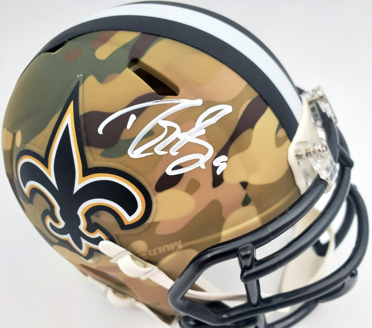 Drew Brees Autographed New Orleans Saints Camo Speed Mini Helmet Beckett BAS Stock #185740