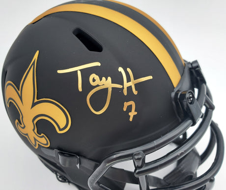 Taysom Hill Autographed New Orleans Saints Black Eclipse Speed Mini Helmet Beckett BAS Stock #177444