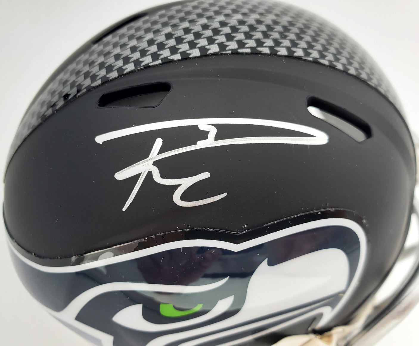 Russell Wilson Autographed Seattle Seahawks Matte Black Speed Mini Helmet In Silver RW Holo Stock #145843