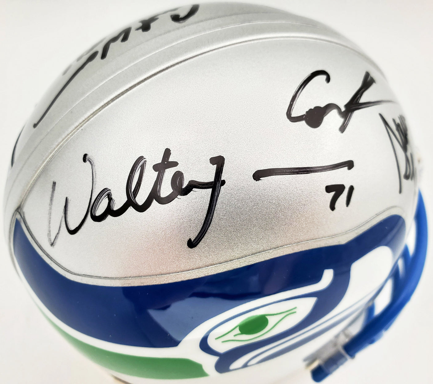 Seattle Seahawks Ring Of Honor Autographed Mini Helmet With 5 Signatures Including Steve Largent, Cortez Kennedy, Walter Jones, Jim Zorn & Curt Warner Beckett BAS & MCS Holo Stock #124681