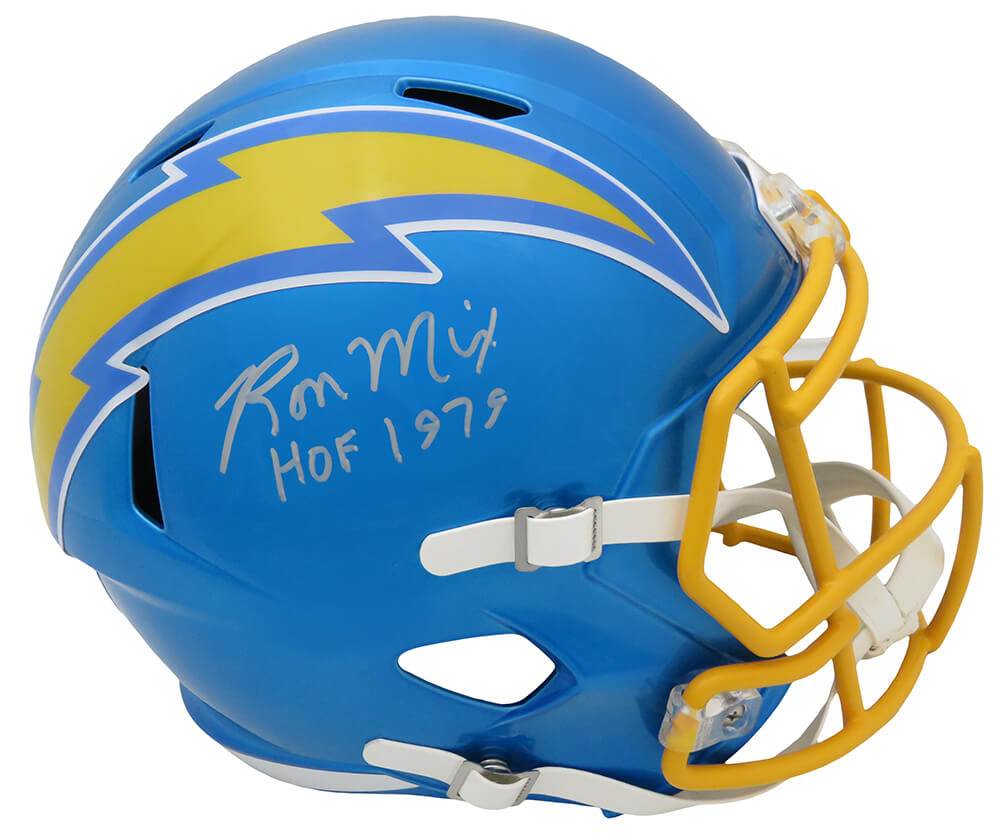 Ron Mix Signed Chargers FLASH Riddell Full Size Speed Replica Helmet w/HOF 1979