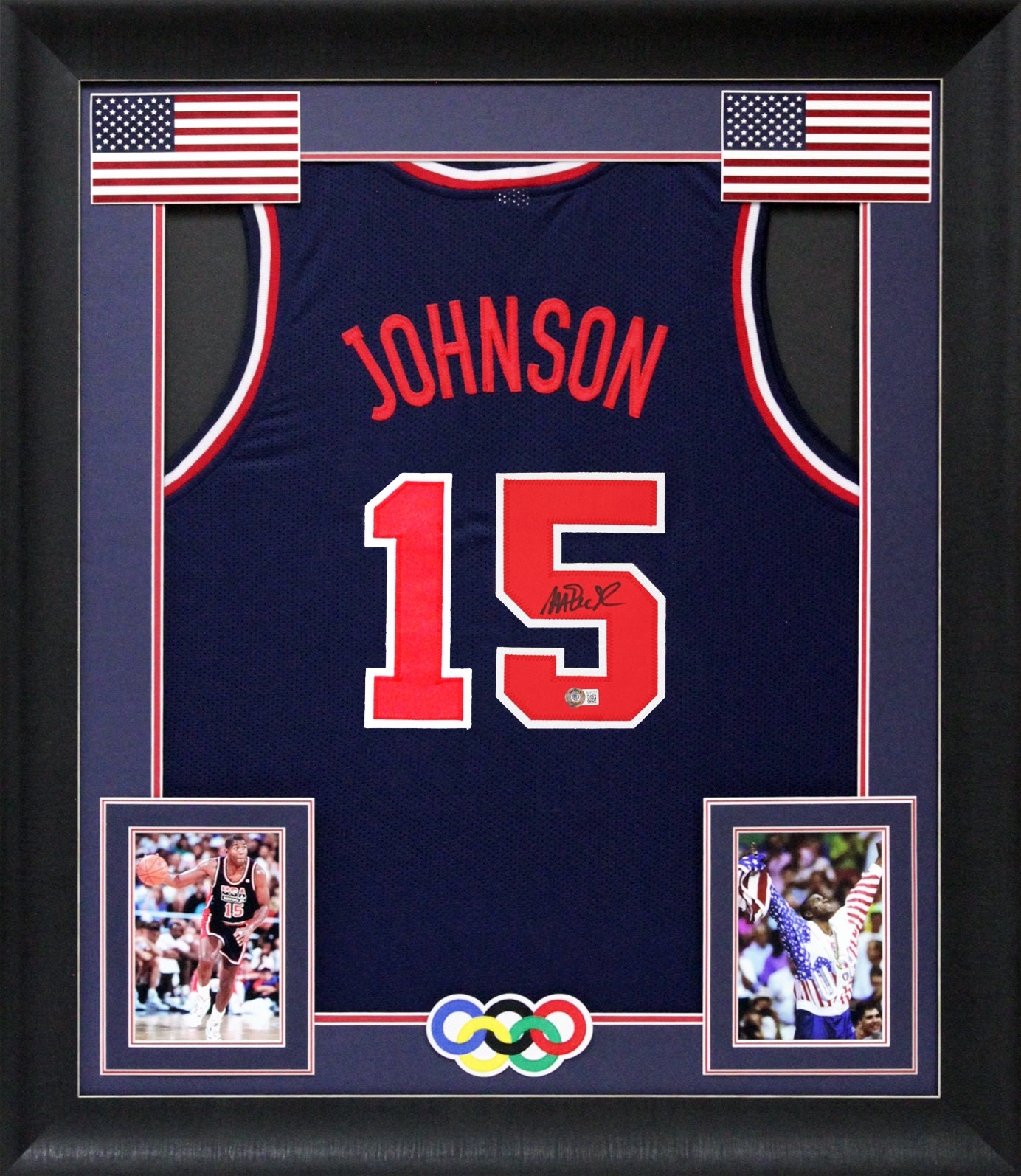 Magic Johnson Team USA Authentic Signed Navy Blue Framed Jersey BAS Witnessed