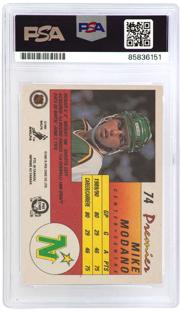 Mike Modano Signed North Stars 1990-91 O-Pee-Chee Premier Hockey Rookie Card #74 w/HOF'14 - (PSA Encapsulated - Auto Grade 10)