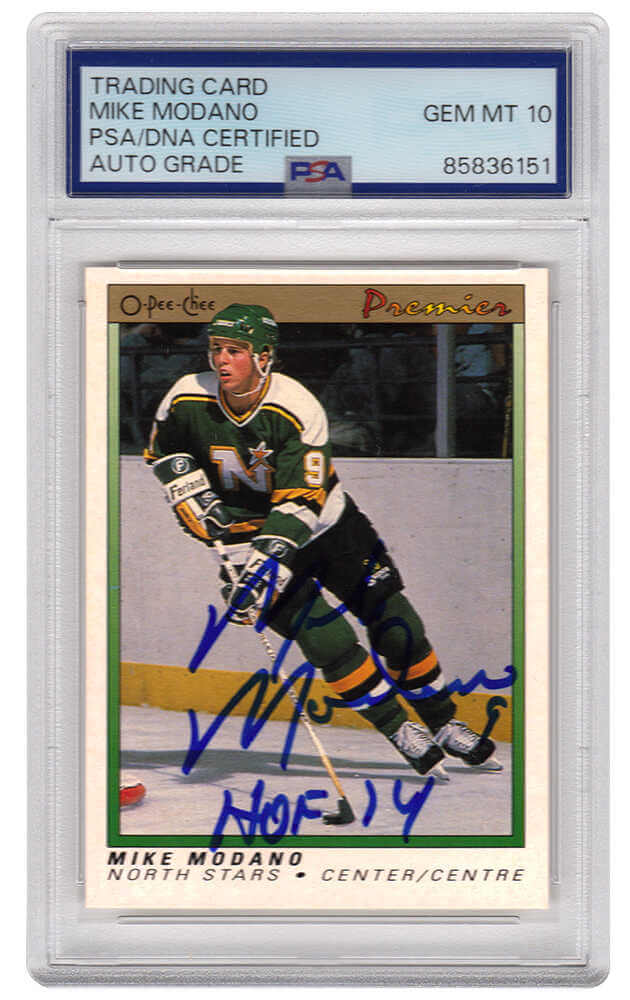 Mike Modano Signed North Stars 1990-91 O-Pee-Chee Premier Hockey Rookie Card #74 w/HOF'14 - (PSA Encapsulated - Auto Grade 10)