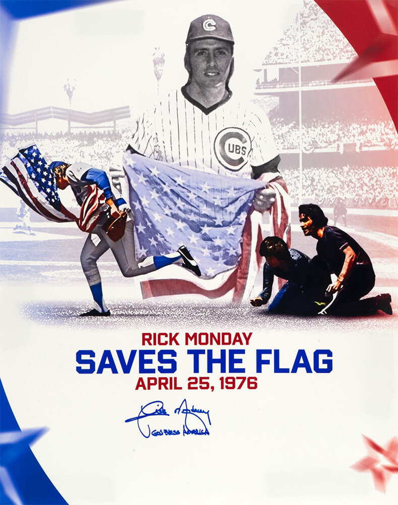 Rick Monday Signed Chicago Cubs Save American Flag Collage 16x20 Photo w/God Bless America