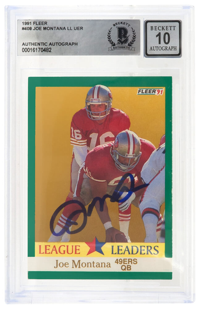 Joe Montana Signed 49ers 1991 Fleer Football Trading Card #408 - (Beckett Encapsulated/ Auto Grade 10)