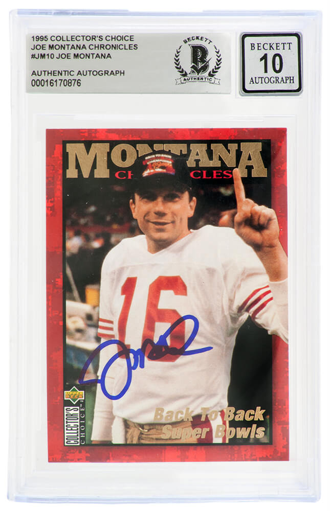 Joe Montana Signed 49ers 1995 Upper Deck Collector's Choice Chronicles Football Card #JM10 - (Beckett - Auto Grade 10)