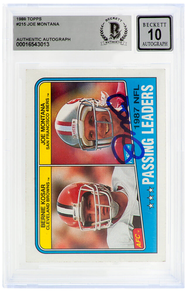 Joe Montana Signed 49ers 1988 Topps NFL Passing Leader Football Trading Card #215 - (Beckett - Auto Grade 10)