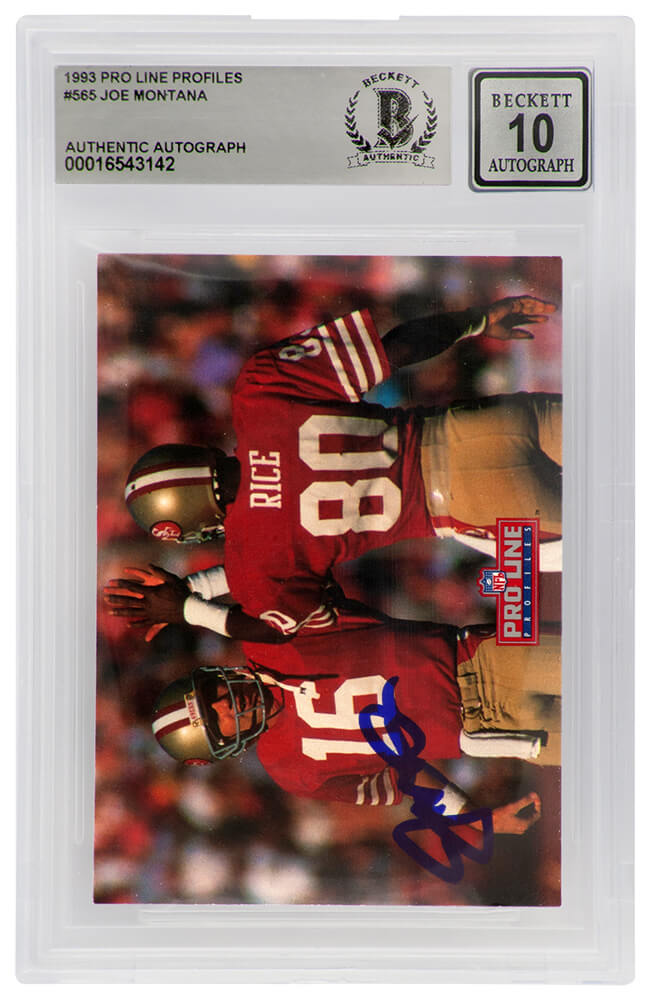 Joe Montana Signed 49ers 1993 Pro Line Profiles Football Card #565 - (Beckett - Auto Grade 10)